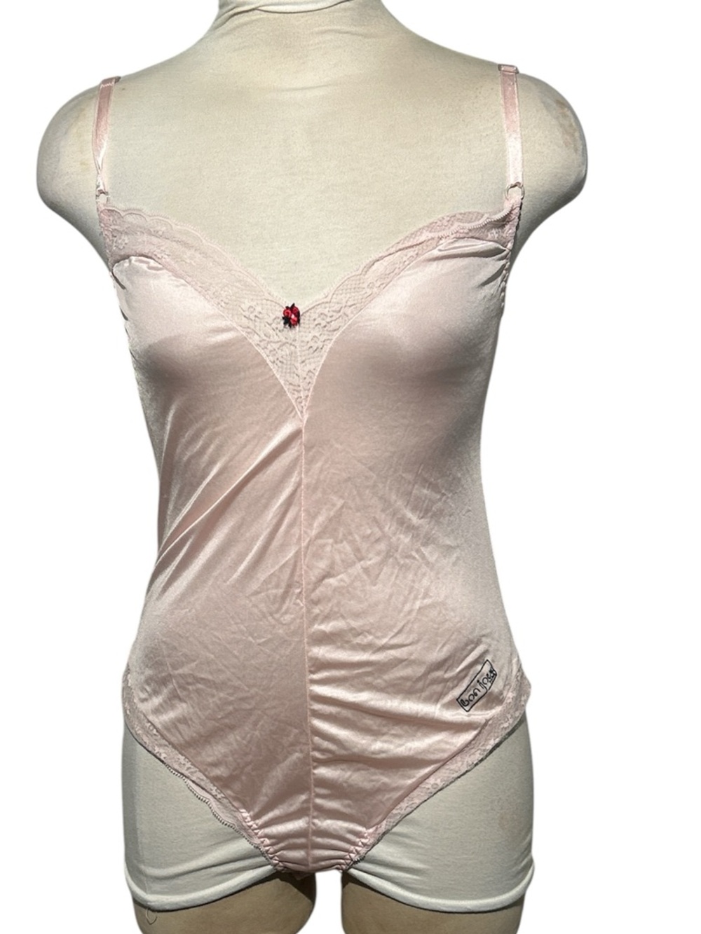 BonJour Paris Light Pink Lace-Trim Satin Bodysuit Vintage Size Medium